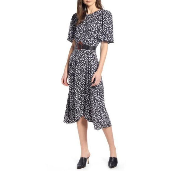 SOMETHING NAVY Strong Shoulder Floral Print Midi Dress - Picture 1 of 9